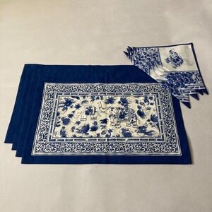 Jim Thompson Thai Silk Co Blue White Elephant Placemats & Napkins Set of 8